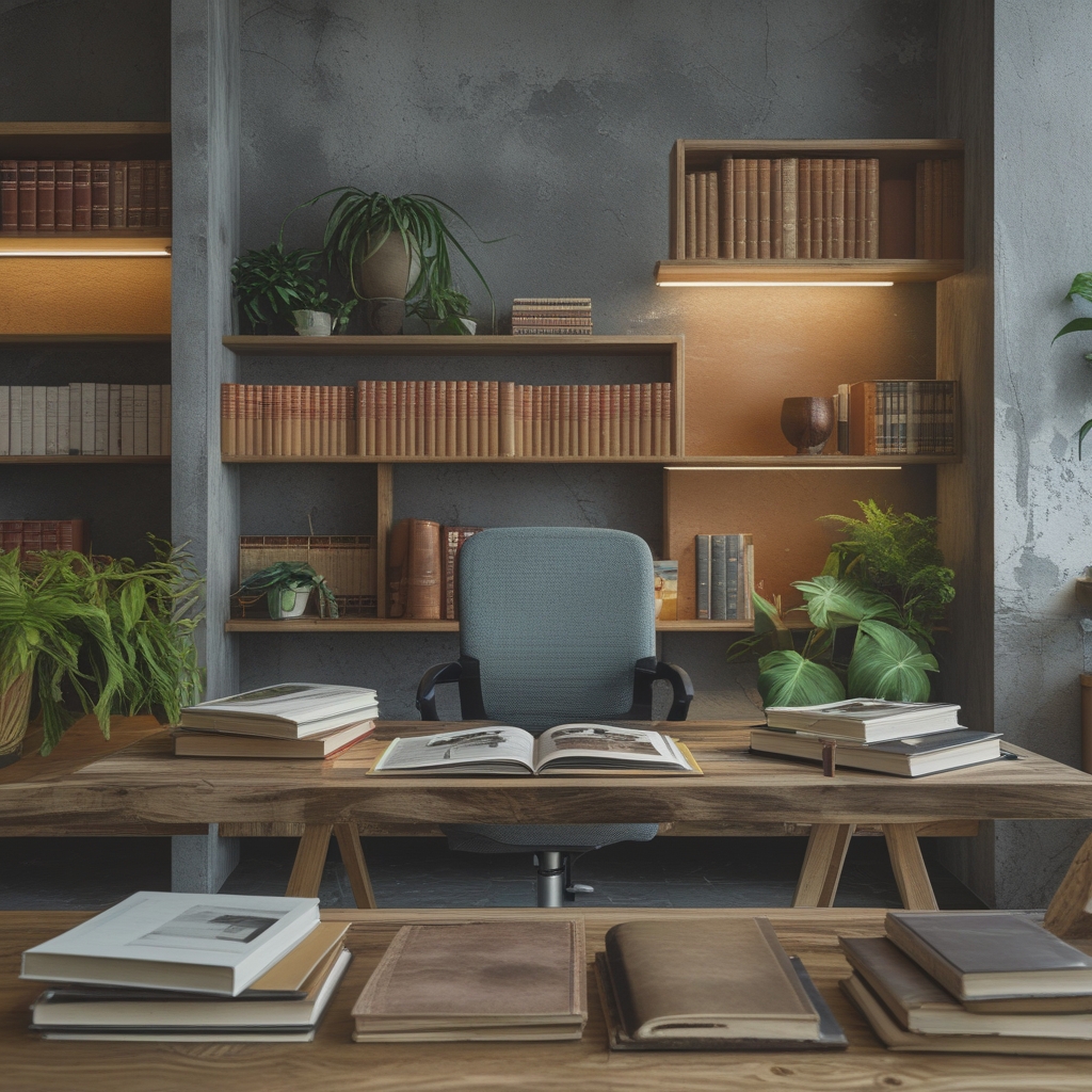 Perpustakaan modern dengan rak buku penuh, meja kayu dengan buku terbuka dan secangkir teh hijau, pencahayaan hangat dari lampu meja, suasana tenang dan akademis