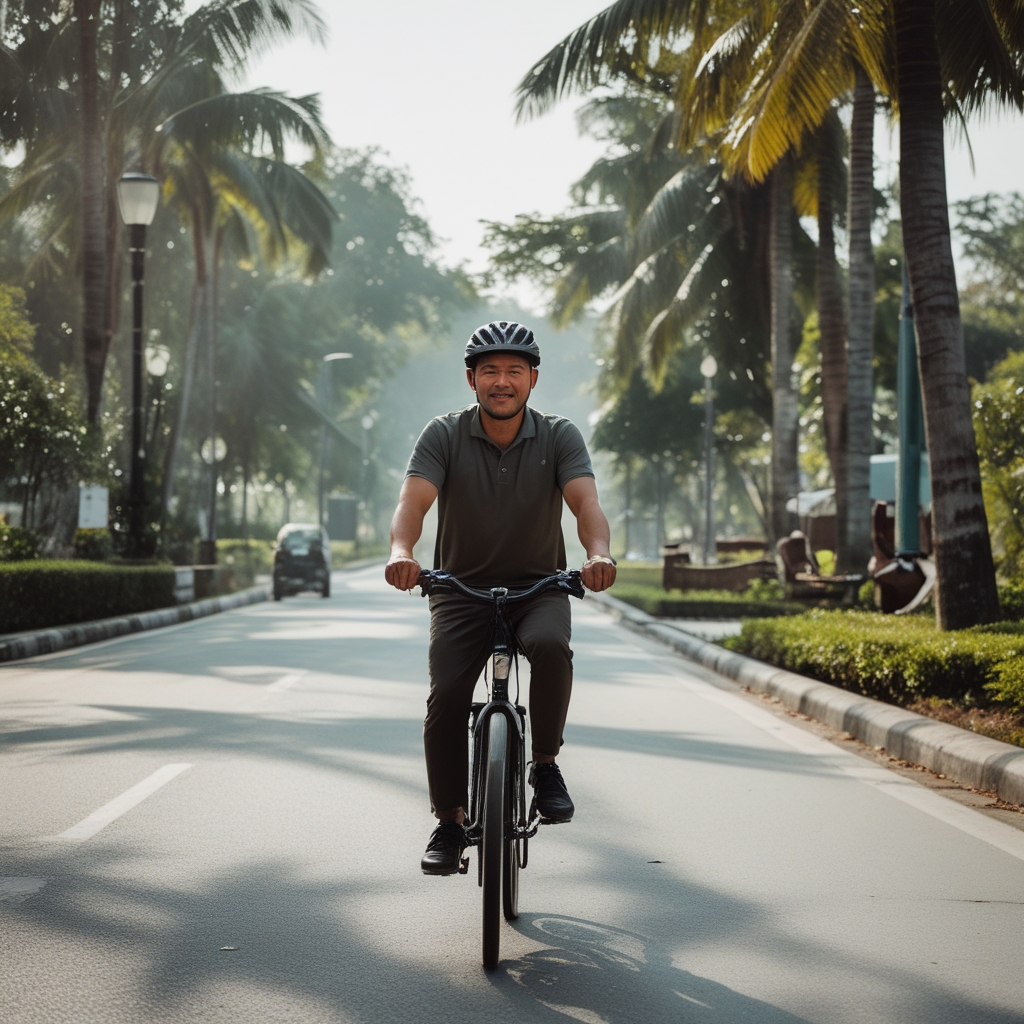 Pria berusia 45 tahun sedang bersepeda di jalan setapak taman kota yang rindang, mengenakan helm dan pakaian olahraga biru, suasana pagi hari cerah dengan pepohonan hijau di latar belakang