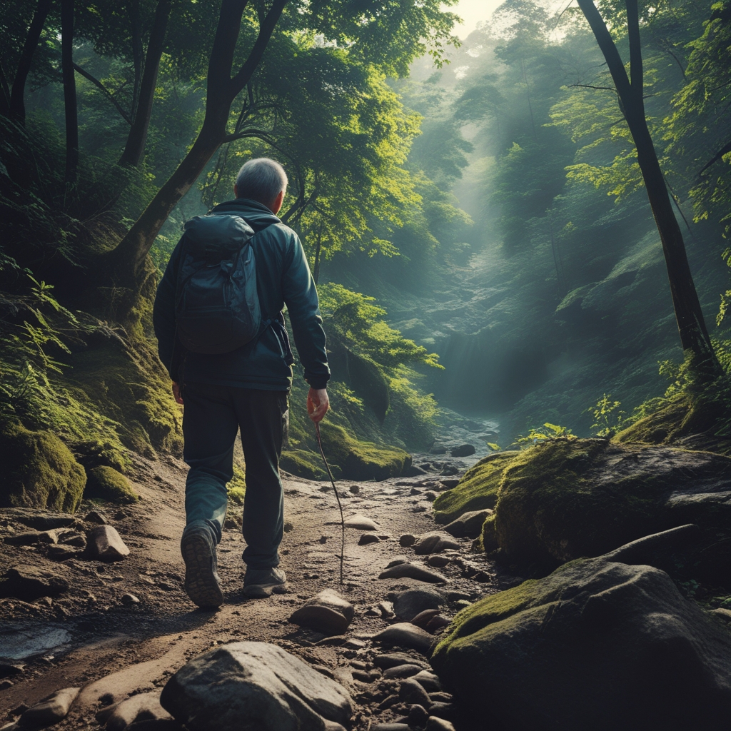 Pria dewasa berusia sekitar 50 tahun sedang mendaki jalur hutan yang rindang, mengenakan ransel kecil dan sepatu hiking, dikelilingi pepohonan tinggi dan cahaya matahari yang menembus dedaunan