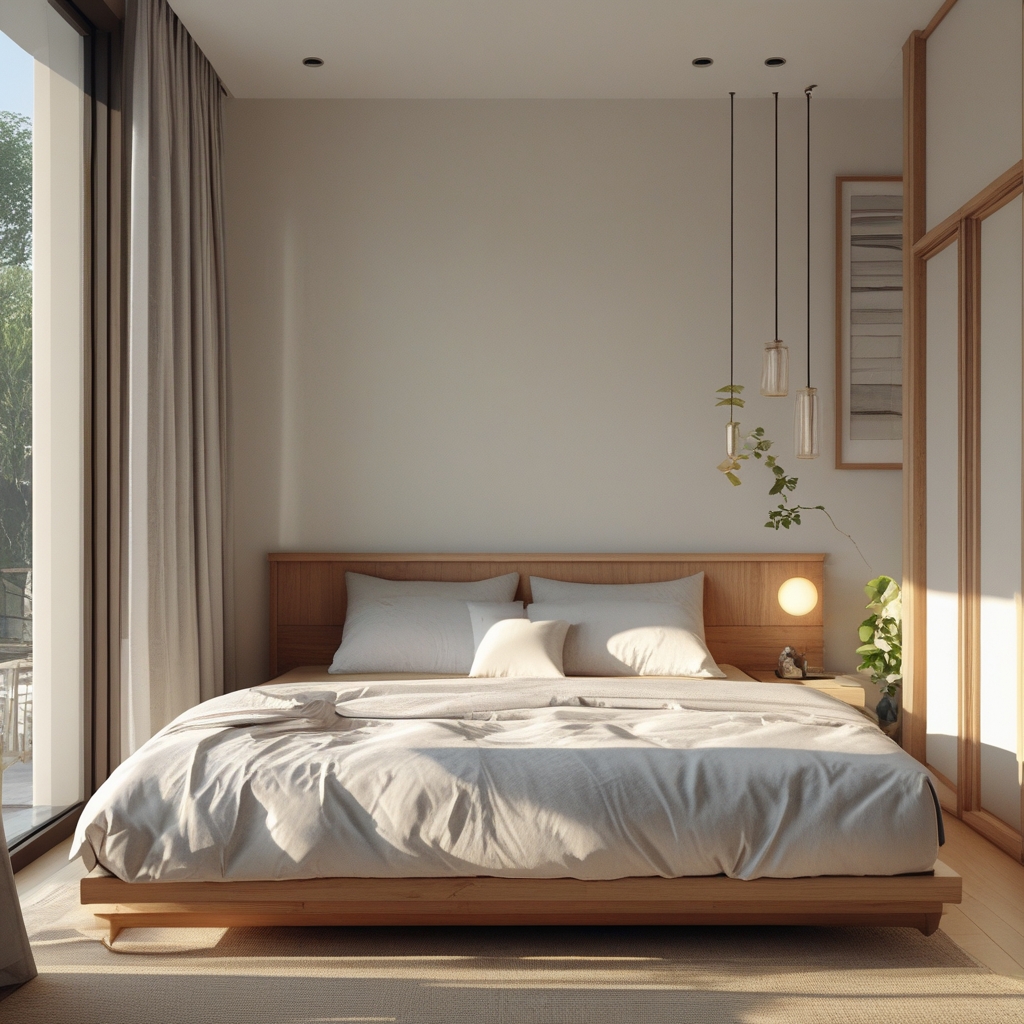 Kamar tidur modern yang tenang dengan ranjang berselimut putih bersih, pencahayaan hangat dari lampu meja samping ranjang yang redup, jendela dengan tirai tebal tertutup, suasana nyaman dan damai