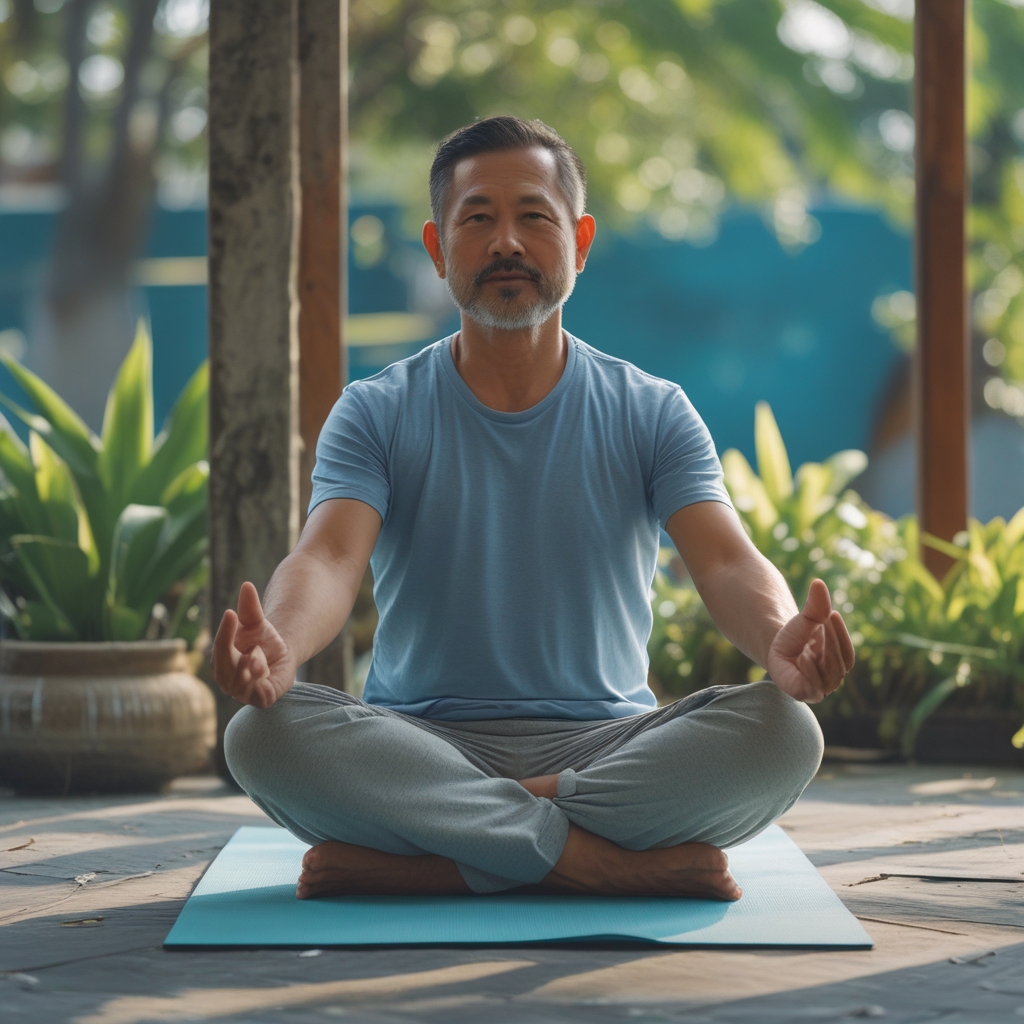 Pria berusia sekitar 45 tahun sedang melakukan yoga di taman terbuka pada pagi hari, mengenakan pakaian olahraga abu-abu, berada di atas matras biru di rumput hijau segar